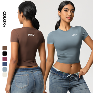 Áo thun nữ tập gym co giãn ôm sát cơ thể kiểu cơ bản cổ tròn tay ngắn dáng dài - Product Image 1