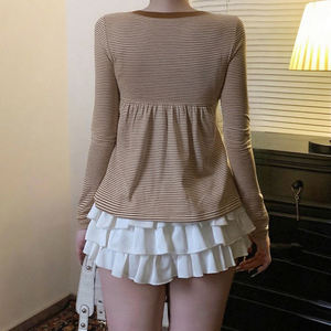 Camiseta Vintage de Manga Larga a Rayas con Detalle de Lazo para Mujer, Cuello Redondo, Corte Ajustado, Dobladillo en Línea A, Estilo Casual y Juvenil - Product Image 6