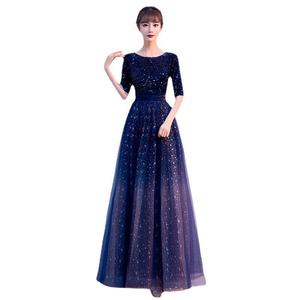 Women's Starry Night Evening Gown Navy Blue O-Neck A-Line Empire Waist Long Dress For Performance Banquet Host Choir - Product Image 5