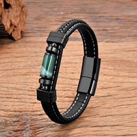 Bracelet tressé double brin en acier inoxydable avec fermoir magnétique, perles en œil de tigre naturel, design vintage minimaliste pour homme
