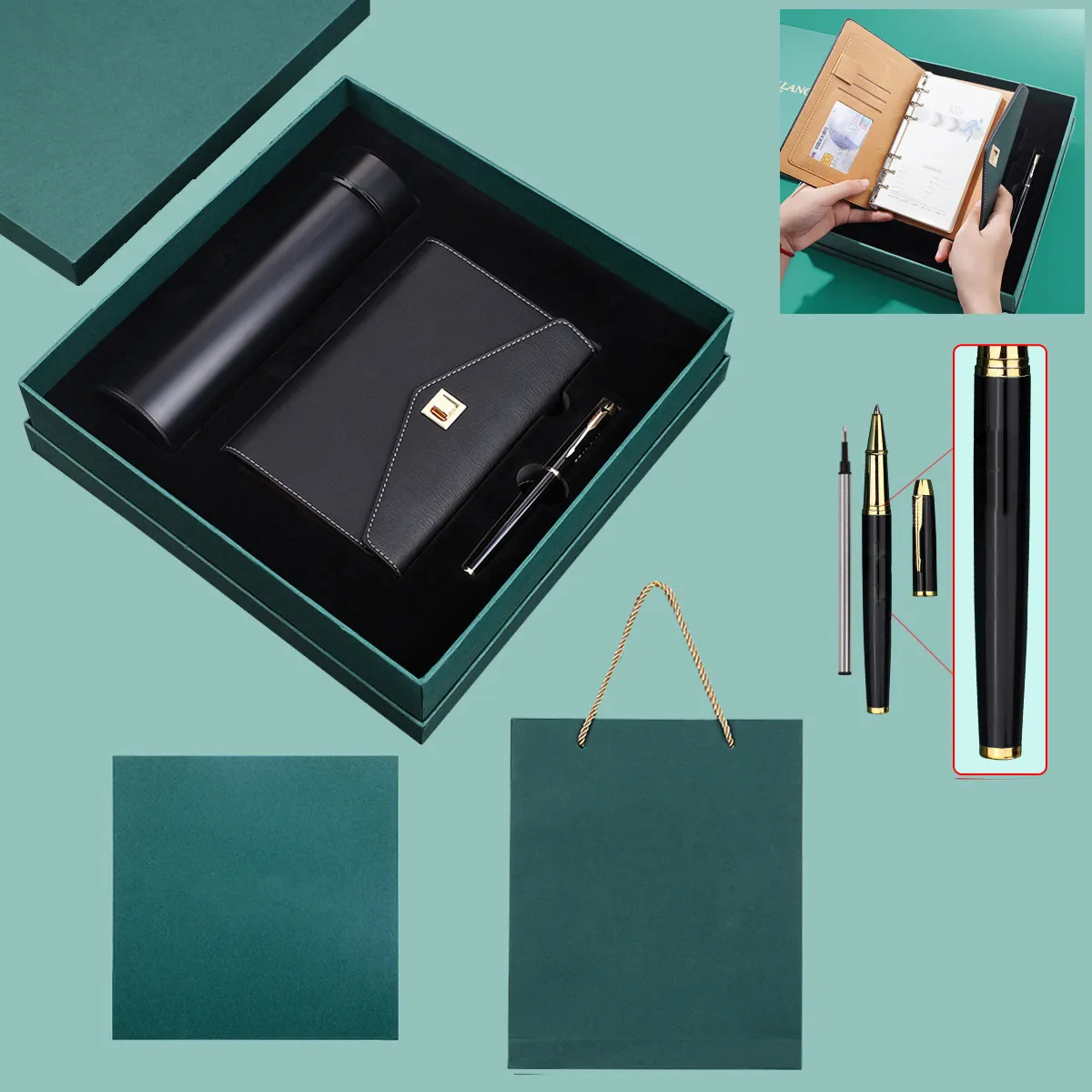 Luxury Business 3 Piece Vacuum Cup Pen And Pu Leather Notebook Gift Set With Box