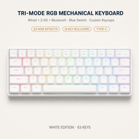 Clavier mécanique rétroéclairé tri-mode 63 touches, touches personnalisées, 20 effets RVB, interrupteurs bleus, port Type-C pour les joueurs sur PC