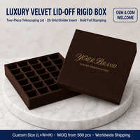 Boîte cadeau rigide en velours brun foncé avec couvercle amovible, 25 compartiments, estampage à chaud doré, taille personnalisée, OEM ODM, pour chocolats