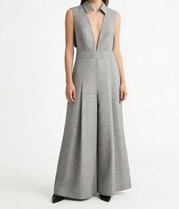 Damen Sommer Locker Sitzender Tiefer V-Ausschnitt Ärmelloser Karierter Jumpsuit mit Seitlichen Ausschnitten Atmungsaktive Büro-Damen-Arbeitskleidung - Product Image 1