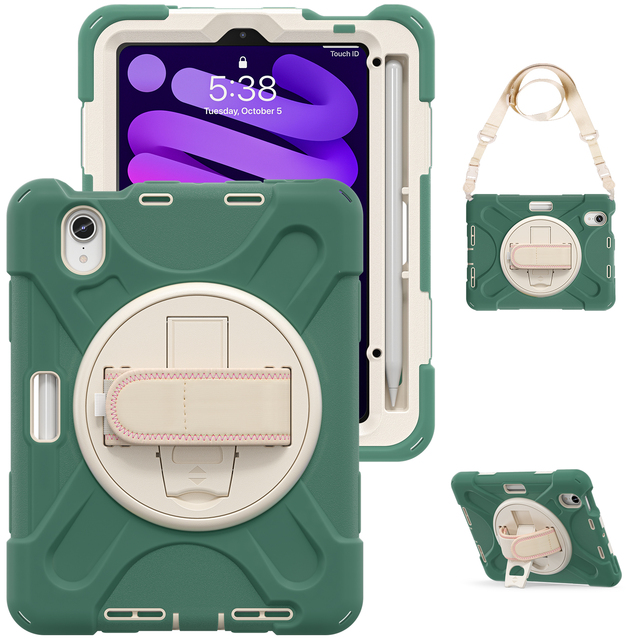 Armored Rugged Shockproof Stand Holder Tablet Case for iPad Mini 6 Mini 7 A17 Pro with Shoulder Strap