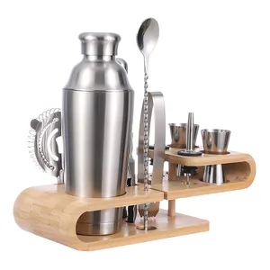 New Custom Oem Double Layer Stainless Steel Bar Tools Cocktail Shaker Mixer Set With Bamboo Stand