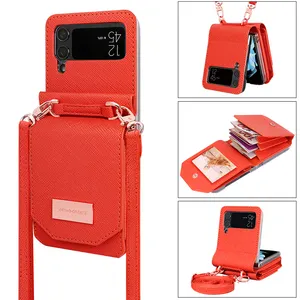 VIETAO Hot Sale Phone Case With Hand Strap For Samsung Galaxy Z Flip 4 3 Leather Body Strap Cell Phone Cover With Card Wallet