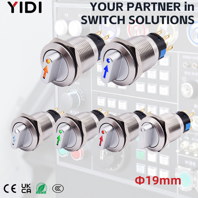 19mm 3/5/6/8 Pin Knob Latching LED Lamp Metal Switch LED Stainless Steel on OFF 2 3 Position Rotary Selector Switch 1NO1NC 2NONC