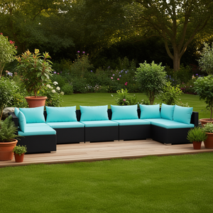 Ensemble de salon de jardin en rotin noir 6 places, mobilier d'extérieur au design contemporain, coussins bleu ciel - Product Image 2