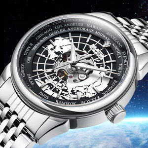 Montre mécanique Mark Fairwhale pour homme, heure mondiale, 24 fuseaux <span class=keywords><strong>horaires</strong></span>, cadran squelette, acier inoxydable, lumineuse, montre sport à bracelet FW-6062 - Product Image 2
