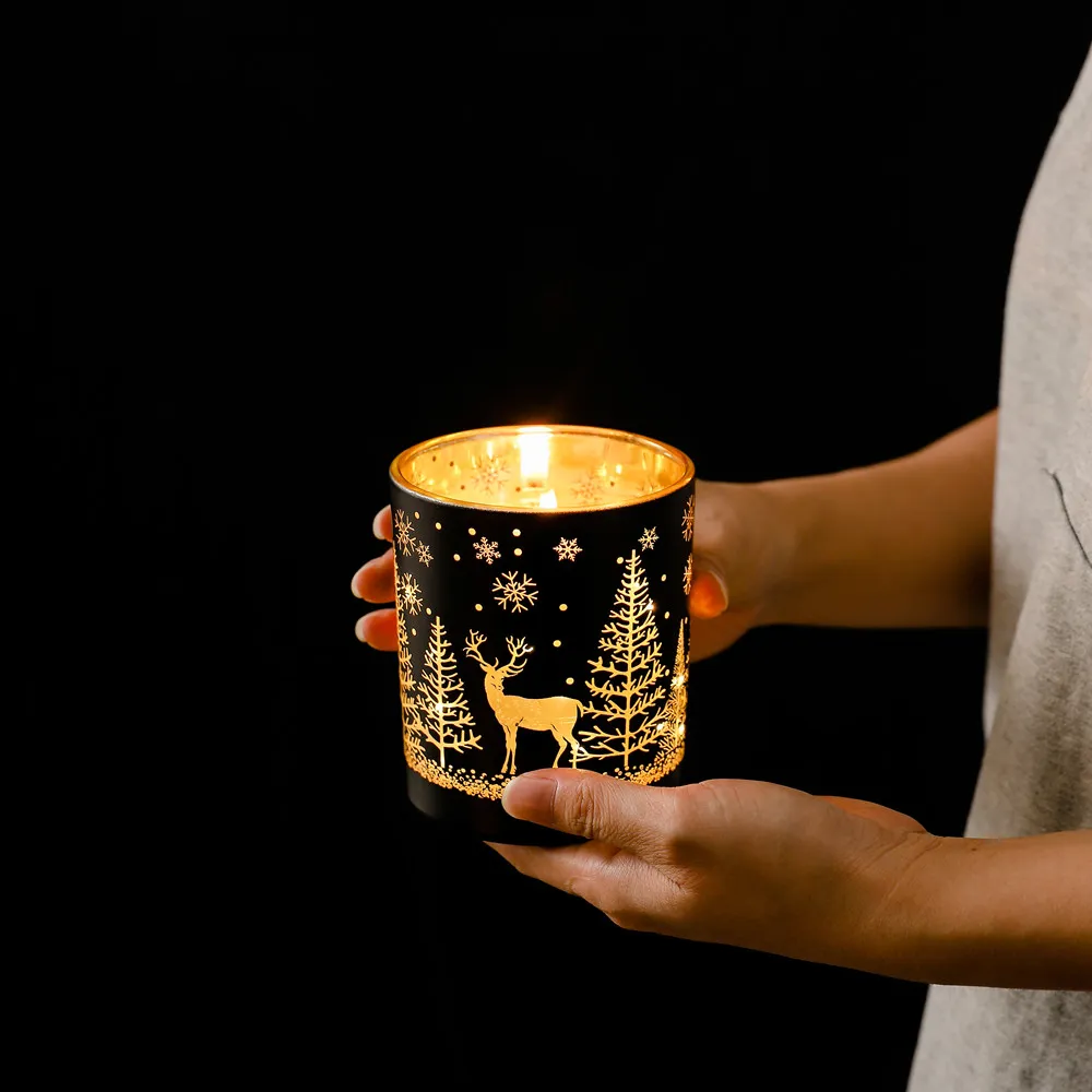 New Design electroplated radium carved glass candle jar private label scented luxury gift set with LED Lights
