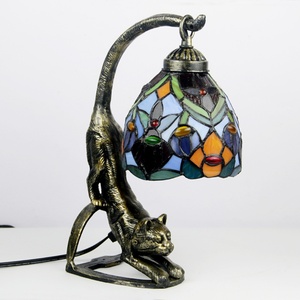 LongHuiJing High-End Cat <b>Base</b> Stained Glass Tiffany <b>Table</b> <b>Lamps</b> Mediterranean Style Bedroom Decor - Product Image 4