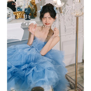 Strapless Blue Tulle Ball Gown Empire Waistline Cocktail Dress For Birthday Party Photo Shoot Adult Size - Product Image 4