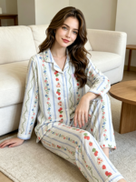 Pyjama en pur coton pour femme, col rabattu, manches longues, en polaire fine, respirant, style luxueux et mignon, printemps/automne