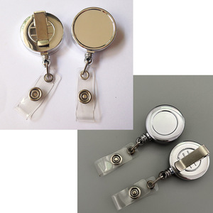 Round silver retractable badge roll with back <b>clip</b> and easy-pull <b>buckle</b>, logo printable keychain, in stock. - Product Image 1