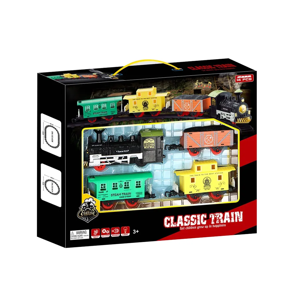 DC çocuk klasik retro akülü plastik tren ve demiryolu oyuncak parça ve ışık ile