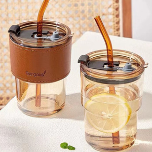 clear Leather Sleeve Custom logo Amber Glass Drinkware 450ml Student Office Portable Glass Cup Coffee Mug with Straw