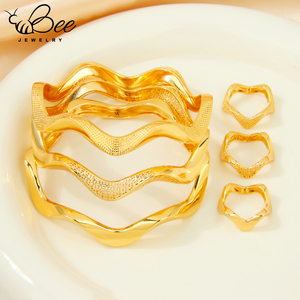 Fashion 21k Gold Plated Saudi Women Wave Cuff Bangles Dubai Arab Bridal Wedding Party Jewelry <b>Charm</b> <b>Bracelet</b> Ring Set - Product Image 3
