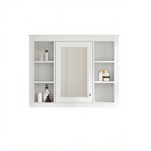 Moderno botiquín de pared de 35'' x 27.5'' con espejo y estantes abiertos para almacenamiento en el baño, diseño sin marco en color blanco. - Product Image 1