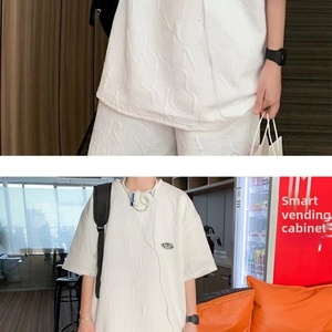 Men's Summer Fashionable Casual <b>Waffle</b> Print Short-Sleeved T-<b>Shirt</b> Set Breathable and Comfortable Knitted Outfit for Youth - Product Image 5