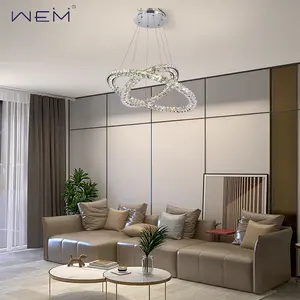 Lustre de aço inoxidável ajustável, moderno, sala de estar, pendurado, 2 anéis, círculo, luz led, lustre de cristal