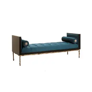 Home antique brass and blue velvet upholstery benches with embroidered pearls