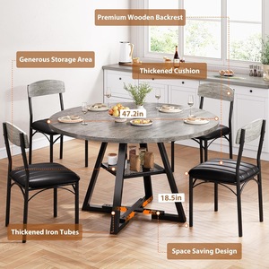 Simple <b>round</b> <b>dining</b> <b>table</b> <b>set</b>, extendable wood grain <b>table</b>, leather upholstery, wrought iron <b>dining</b> chairs, small apartment - Product Image 4