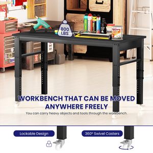 Height Adjustable Black Workbench 47.2" Heavy-Duty <b>Work</b> Bench <b>Table</b> Mobile Workbench With Lockable Casters - Product Image 3
