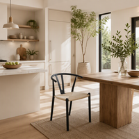 Chaise de salle à manger avec dossier en Y et assise tressée, structure en métal noir, accoudoirs courbes, chaise d'appoint moderne pour la maison