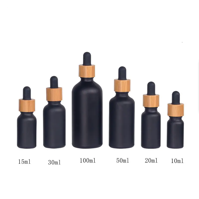 5ml 10ml 20ml 30ml 50ml 100ml mat buzlu siyah Serum şişesi bambu kapak saç uçucu yağ için cam damlalık şişe