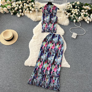 Iki parçalı bayanlar Set LW1395 kadin pileli Ombre Set kolsuz saçak bluz + Maxi etek bayanlar 2 parça Set - Product Image 2