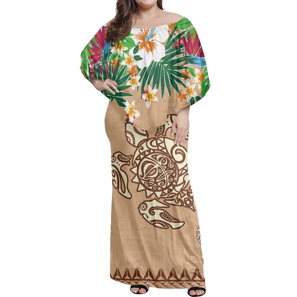 MOQ 1ที่กำหนดเองราคาต่ำชุดฮาวายดอกไม้ Polynesian เผ่าพิมพ์ชุดแต่งงานปิดไหล่ชุดแต่งงาน