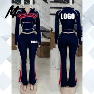 Op maat gemaakt logo Waffle Dubbelkleurig Patchwork V-hals Lange mouwen Ritsjas en wijde broek 2-delige set 2025 - Product Image 6