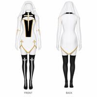 Costume de cosplay de nonne sexy pour femmes, ensemble de robe moulante à découpes croisées en 4 pièces avec bordure dorée pour fête d'Halloween et jeu de rôle