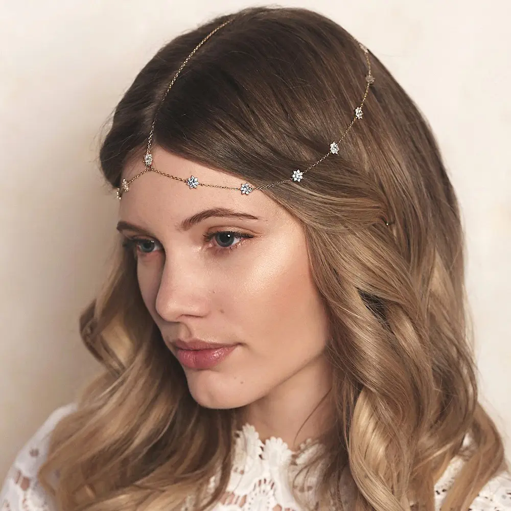 Diadema de flor de circón Simple para mujer, cadena Bohemia para el pelo, accesorios para el cabello