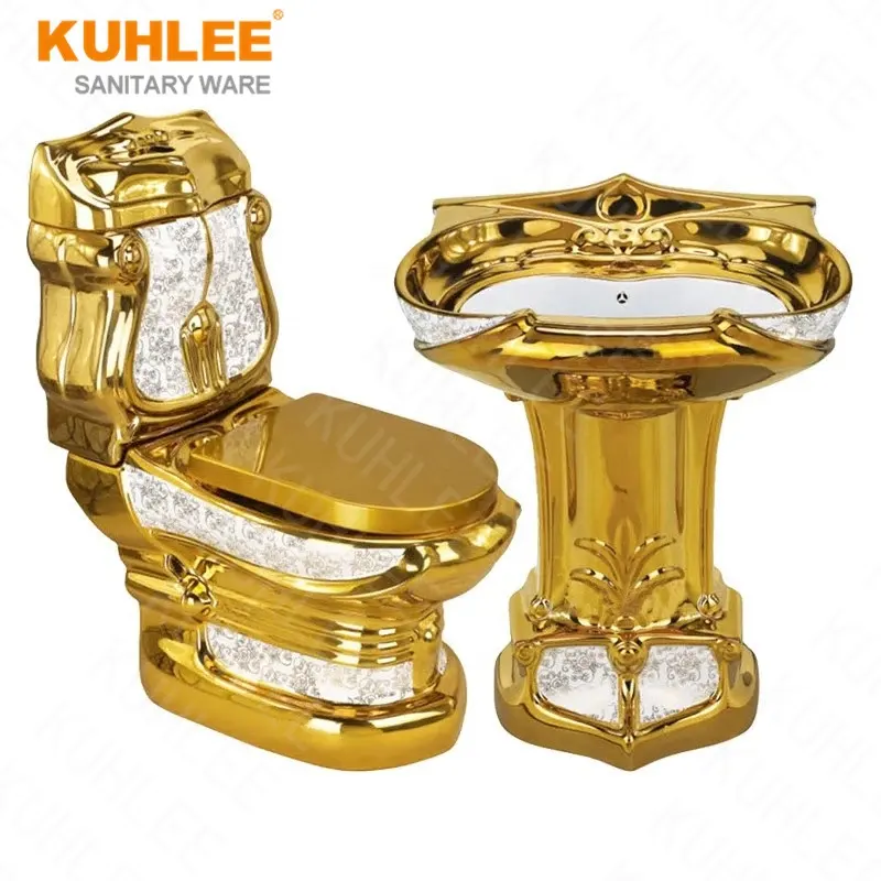 Yeni altın tuvalet setleri lüks banyo takım iki parçalı tuvalet kase su dolap ayaklı lavabo
