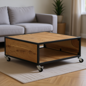 Rollable Natural Acacia Solid Wood Coffee <b>Table</b> With Metal Frame For Living Room Modern Industrial Design - Product Image 2