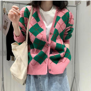 Cardigan en tricot losange <span class=keywords><strong>vintage</strong></span> européen et américain style décontracté pour femmes vêtements de printemps/automne - Product Image 2