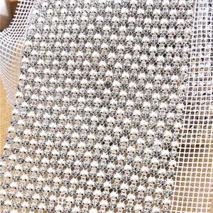 Factory wholesale pearl + rhinestone mesh strip crystal glass diamond clothing pants trousers trim chain DIY decor accessories