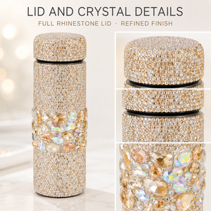 Bouteille d'eau isotherme cylindrique en acier inoxydable avec strass, couvercle entièrement orné de strass, bande décorative en pierres précieuses, pour usage quotidien féminin - Product Image 3