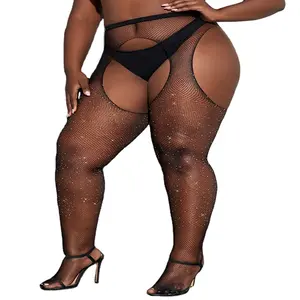 Plus Size Sexy Shiny Rhinestone Nylon Stockings Open Crotch Mesh Pantyhose Black Cut Out Fish Net Hosiery