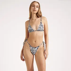 Costume da bagno bikini stampato su misura bianco e nero con stampa zebra reggiseno regolabile con fondo sfacciato da donna stringhe due pezzi bikini