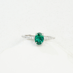 Classic Oval Cut Lab Created <b>Emerald</b> Solitaire <b>Ring</b> with Diamond Accents in 925 <b>Silver</b> for Bridal - Product Image 1