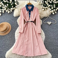 Robe longue en jean coréen patchwork color block 2026 pour femme, cintrée à la taille, élégante, coupe trapèze, pour le bureau et le quotidien
