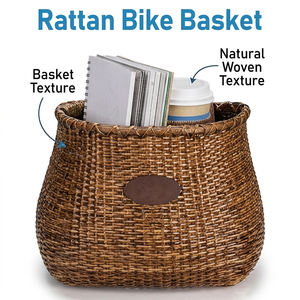 Panier de vélo en rotin fait main avec porte-gobelet - Porte-bagages avant amovible pour guidon avec sangles en cuir réglables - Product Image 1