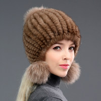 Handgestrickte Bommelmütze aus echtem Nerzfell für Damen, Winter, Reisen, Outdoor, warmer Ohrenschutz, modisch