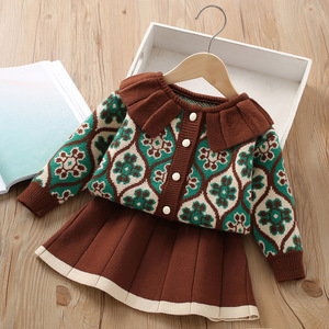 Ensemble de pull pour filles automne-hiver <span class=keywords><strong>2023</strong></span>, nouveau style coréen décontracté, col fleuri tendance, robe deux pièces pour petites filles - Product Image 2