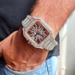Luxury iced out skeleton wristwatch square dial with Roman numeral crystal bezel silver and <b>rose</b> gold <b>bracelet</b> unisex timepiece - Product Image 3