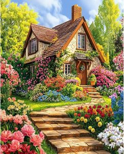 Dipinto Digitale Personalizzato su Tela Songwoo, Casa di Campagna Inglese con Giardino <span class=keywords><strong>in</strong></span> <span class=keywords><strong>Fiore</strong></span>, Pittura a Numeri - Product Image 2