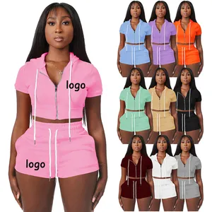 Verano fruta Color mujer 2 piezas Casual conjunto cremallera frontal abierto Fashional bordado impreso LOGO personalizado pantalones cortos con capucha Jogger conjunto